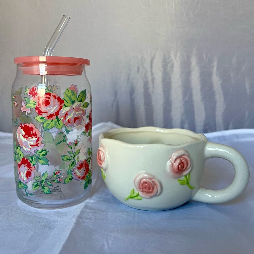 Francesca's Rose Cup Set - Rose Icon Can Glass w/ Lid & Straw & Pink Rose Mug